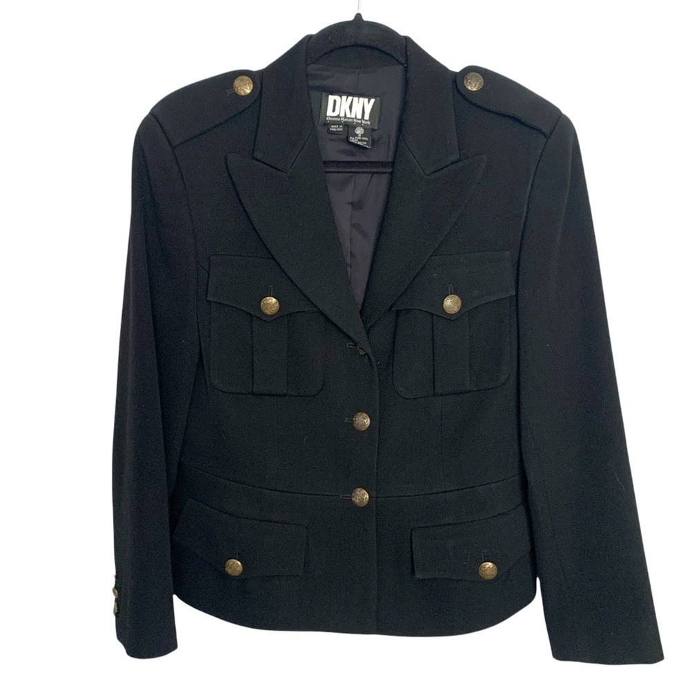 Vintage 90s DKNY Military Black Blazer Epaulets Wool Twill Crested Buttons 1990s